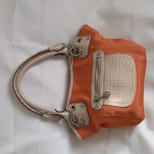 Kathy Zeeland Purse Satchel Orange Fabric with Beige Faux Leather Trim EUC